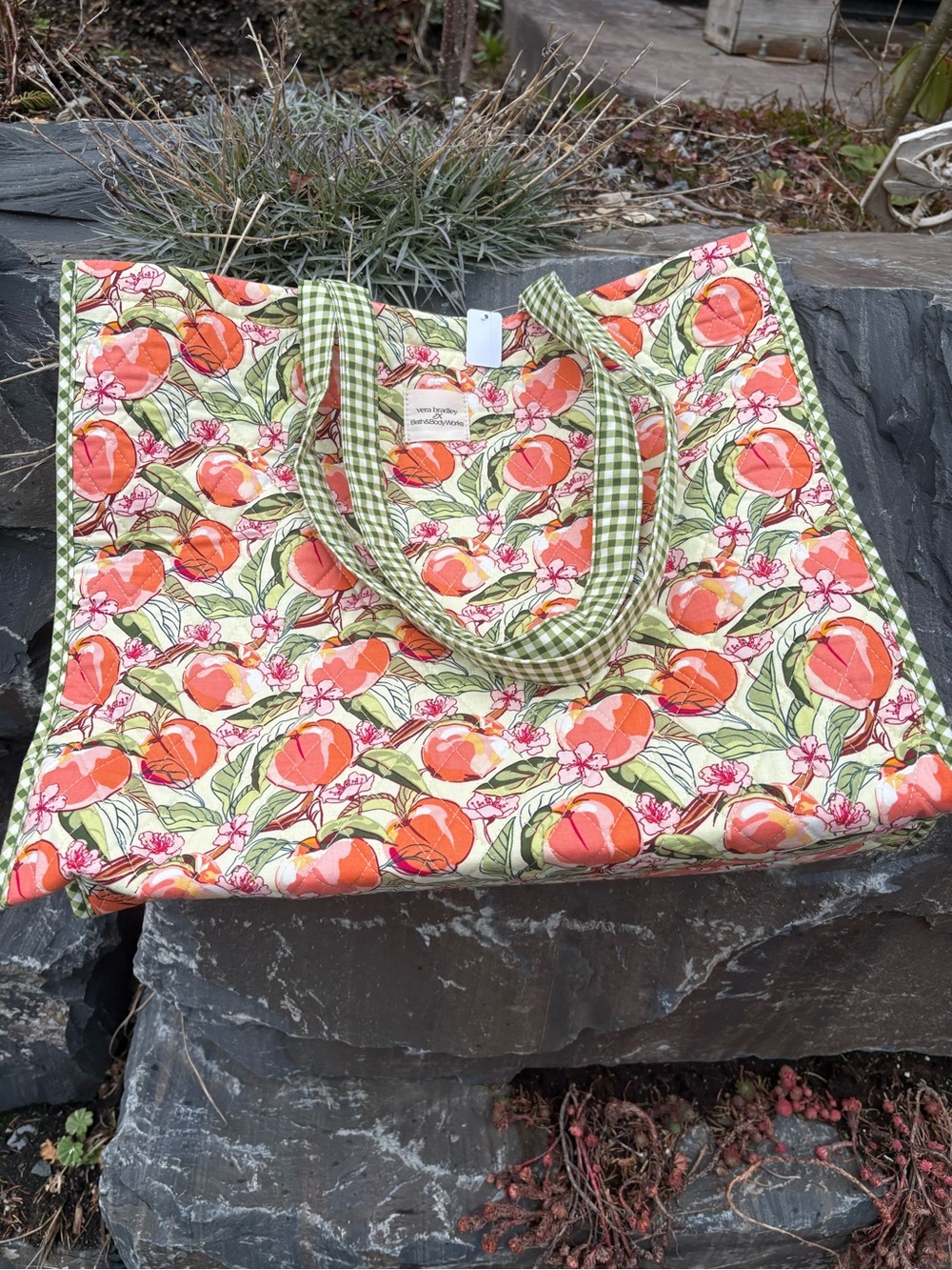 Bath and Body Works Floral Peach Print Tote Bag - Green & Orange